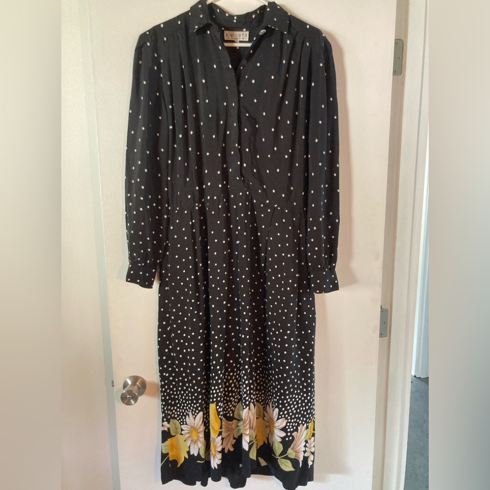 Knight’s Ltd. Vintage Black Polka Dot Dress with Floral Hem